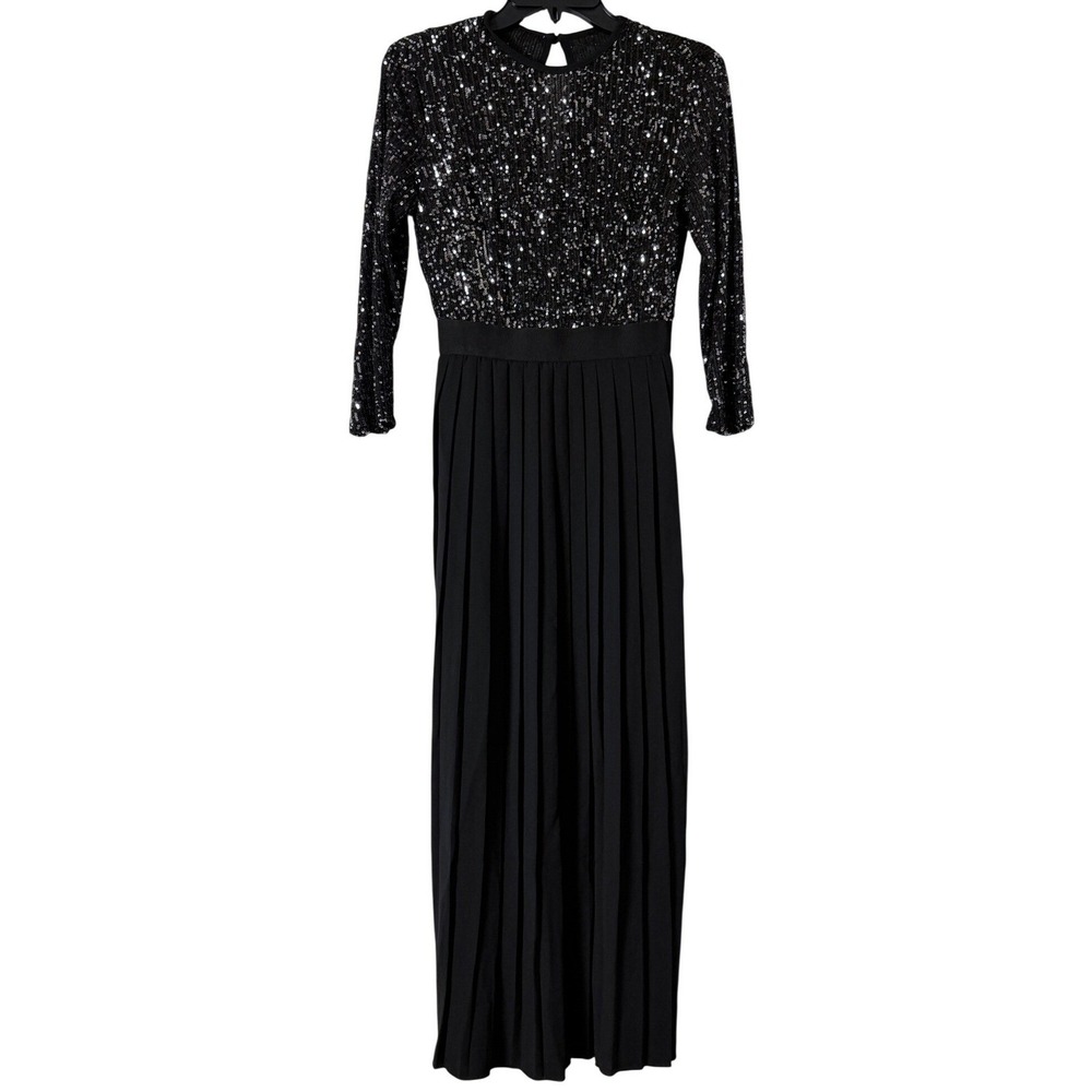 Little Mistress London Dress Women‎ Size US 2 Black Sequin Pleated Midaxi Formal